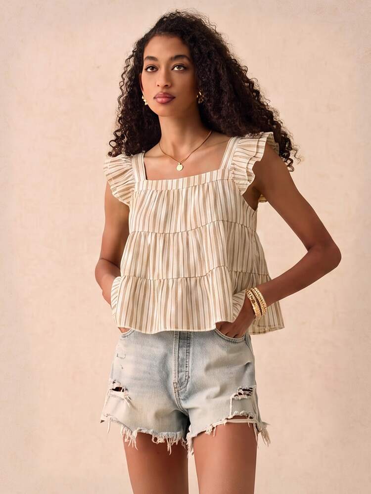 Muvela Casual Minimalist Style Apricot Striped Women's Shirt Suitable For Spring, Summer And Early Autumn - Multicolor - View 7