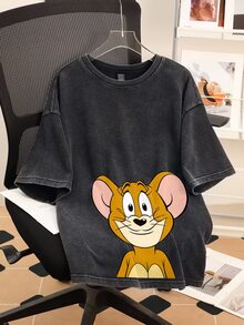 TOM & JERRY X SHEIN SHEIN EZwear 大尺碼休閒簡約卡通印花落肩T恤 - 黑色 - 查看 7