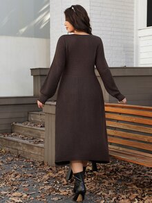 Comfylo Plus Size Women's Knit Dress, Autumn/Winter, Round Neck, Long Sleeve, Mid-Length, Soft And Comfortable - Coffee Brown - View 3