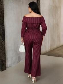 Modelyn Plus Size Women's Metal 3D Floral Decor Striped Off-Shoulder Long Sleeve Top And Flare Pants Elegant 2-Piece Set - Burgundy - View 2
