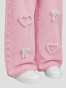 SHEIN Elladie kids Denimly 春夏大童女孩牛仔褲，淺粉色寬腿軟心刺繡鬆緊腰，搭配簡約白色T恤上衣，適合上學、生日，可愛風格 - 粉色 - 查看 7