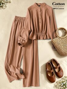 Rusticease Women's Solid Color Pleated Long Sleeve Top And Pants Casual Daily 2 Pieces Set - Brown - View 1