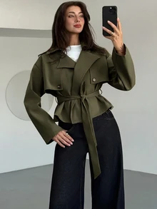 Aloruh 秋冬女款多功能卡其色收腰短款風衣 - 軍綠色 - 查看 7
