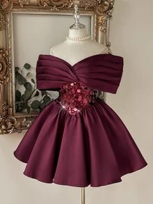 Lovelzi Elegant Romantic Fashionable Angola Red Satin Sequin Patchwork Strapless Off-Shoulder Adjustable Back Flared Short Party Dress, Wedding Guest Dress, Deep Red Dress, Bachelorette Party, Ball Gown - Burgundy - View 4