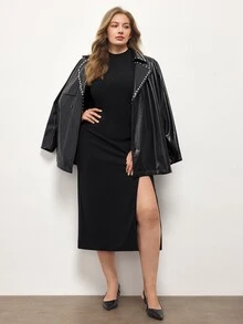 Maija Plus Size Women Solid Color Split Design Casual Elegant Summer Travel Dress Party Date Night Black - Black - View 7