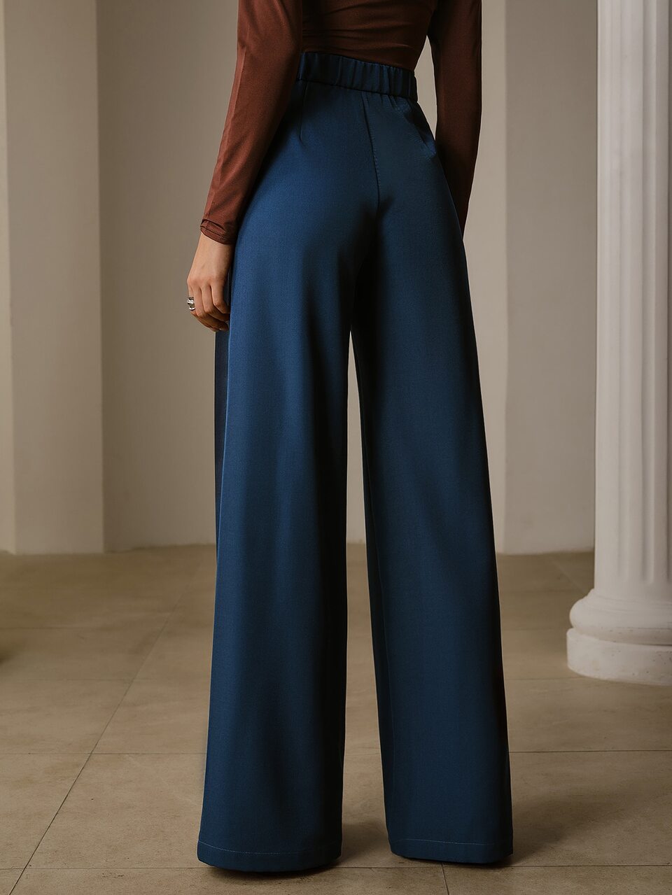 ZEYLAH Fashionable Commute Solid Color Pleated Wide Leg Pants