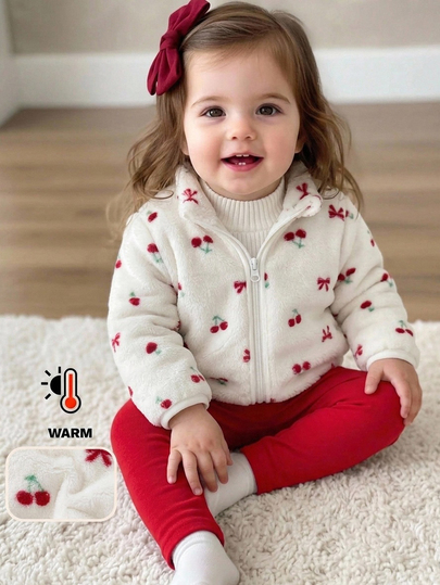 Cozy Pixies Chaqueta de manga larga para niña bebé, estilo casual y versátil para otoño/invierno, con estampado de lazo y cerezas rojas, forro polar grueso, abertura frontal con cremallera, adecuada para uso diario casual