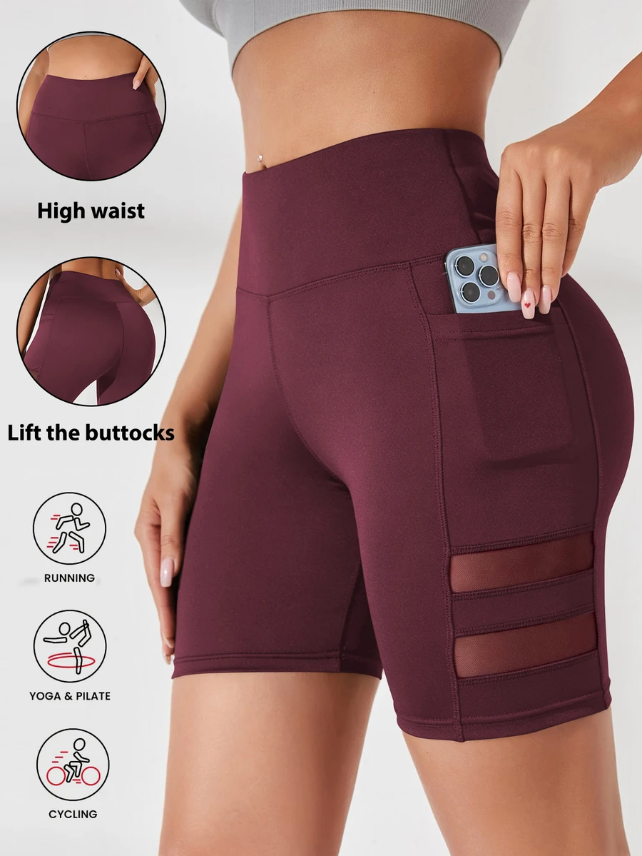 SHEIN Sports Women's Mesh Patchwork Casual Daily Sports Shorts (With Pockets) - Red Violet - View 1
