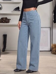 SHEIN Tall 女款鈕扣口袋水洗直筒牛仔褲 - 彩色 - 查看 3
