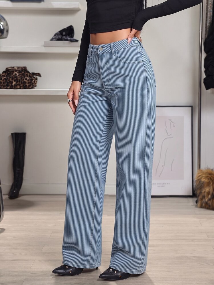 SHEIN Tall Women's Button Pocket Washed Straight Leg Jeans - Multicolor - View 3