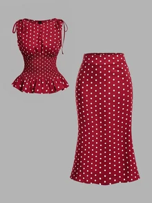 SHEIN MOD Conjunto de Top de Tirantes con Cintura Fruncida y Plisada y Falda de Sirena con Lunares - Rojo - Ver 4