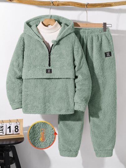 SHEIN Little Byeori 2pcs Kids Boys Winter Casual Back-To-School Fleece Half-Zip Hoodie Sweatshirt And Relaxed Fit Jogger Autumn Pants Thick Warm Outfit Set For School