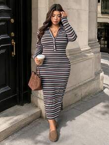 Vionelle Plus Size Knit Striped Elastic Polo Collar Single-Breasted Slim Fit Side Slit Casual Minimalist Long Dress Fall - Coffee Brown - View 6