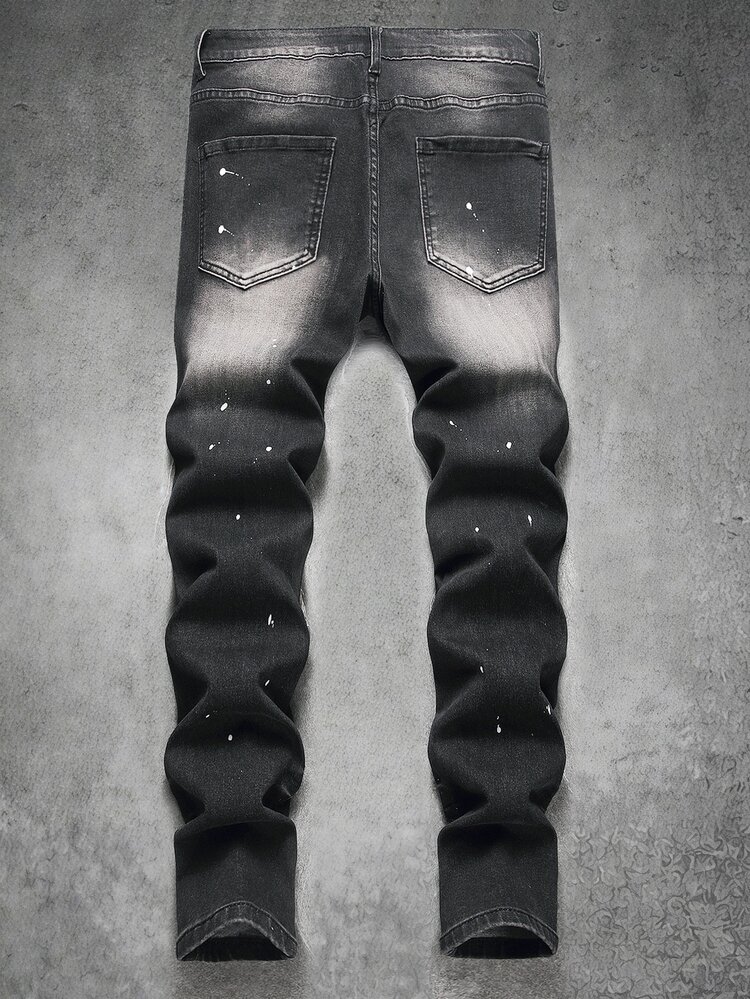Manfinity Roughcore Quần jean denim nam phong cách thường ngày, mài rách, gấu thô, có túi - màu đen - Xem 2