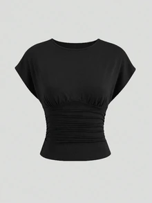 QUELARIE Women's Solid Color Minimalist Versatile Pleated Top For Daily Wear - Black - View 1