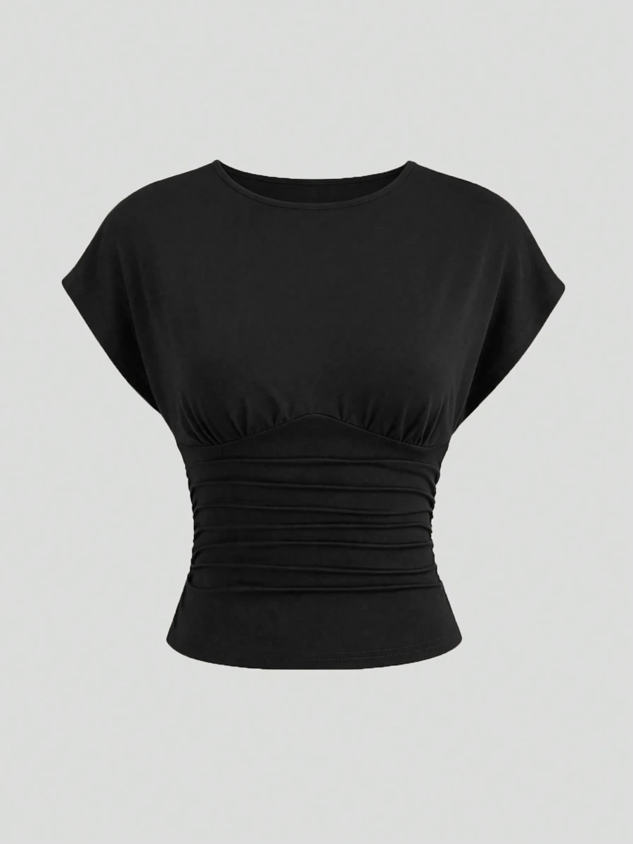 QUELARIE Women's Solid Color Minimalist Versatile Pleated Top For Daily Wear - Black - View 1