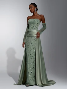 Elitara Elegant Olive Green Sequin Embroidered Strapless Mermaid Evening Gown With Long Gloves And Ruched Satin Overskirt For Wedding, Gala And Formal Party - Olive Green - View 8