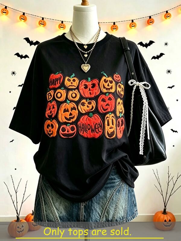 Lalippa T-shirt grande taille, T-shirt imprimé graphique citrouille d'Halloween, Top grande taille pour femmes d'Halloween, Tenue de sœur, Blouse grande taille à la mode, T-shirt grande taille esthétique, Cadeau pour sœur, Cadeau pour maman, Top de style minimaliste décontracté