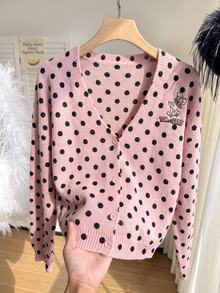 TOM & JERRY X SHEIN SHEIN EZwear 大尺碼女款復古波點圖案長袖針織開襟衫，適合外出、街頭穿搭、機場造型、時尚、返校、Y2K、派對、海灘度假、假期 - 彩色 - 查看 4