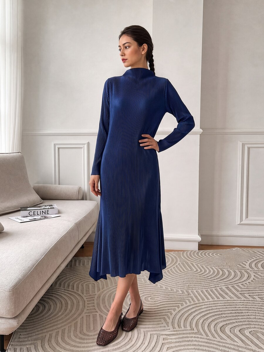 EastFlair Gaun Midi Lengan Panjang Berlipit Biru Elegan untuk Wanita, Cocok untuk Pesta Kantor Musim Gugur/Dingin - Navy Blue - View 1