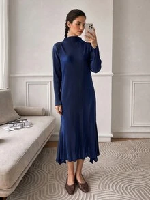 EastFlair Gaun Midi Lengan Panjang Berlipit Biru Elegan untuk Wanita, Cocok untuk Pesta Kantor Musim Gugur/Dingin - Navy Blue - View 2