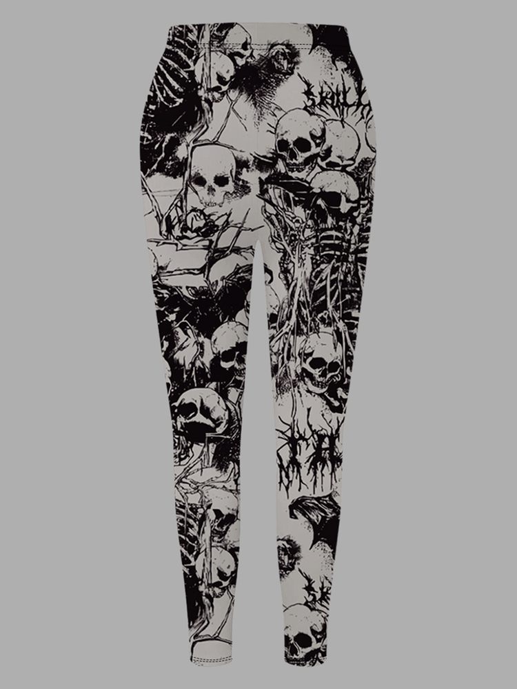 Breezaya Plus Size Women Halloween Gothic Skeleton Skull All Over Print Leggings, High Stretch Slim Fit, Punk Party Costume Dark Grunge Going Out Pants - Multicolor - View 6