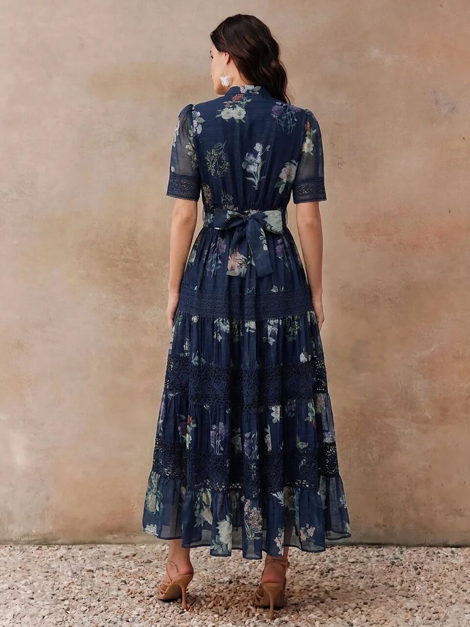 Elegant Cinched Waist Full Skirt Colorful Spring/Summer Floral Pattern Design Heavy Work Patchwork Lace Trim Women's Long Dress