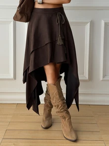 Livesso Women's Solid Color Casual Boho Western Versatile Daily Skirt Autumn Work Everyday Dark Brown - Coffee Brown - View 5