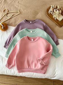SHEIN LMoss Kids 女童 3件組 針織純色圓領寬鬆休閒秋冬衛衣套裝 - 彩色 - 查看 7