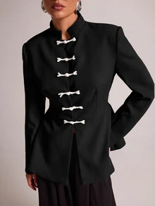 SHEIN BAE Fashionable Elegant Commuter Frog Button Blazer - Black - View 7