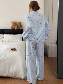 Napfluff Fresh Blue & White Plaid Heart Print Collared Pajama Set, 2 Pieces - Blue - View 3