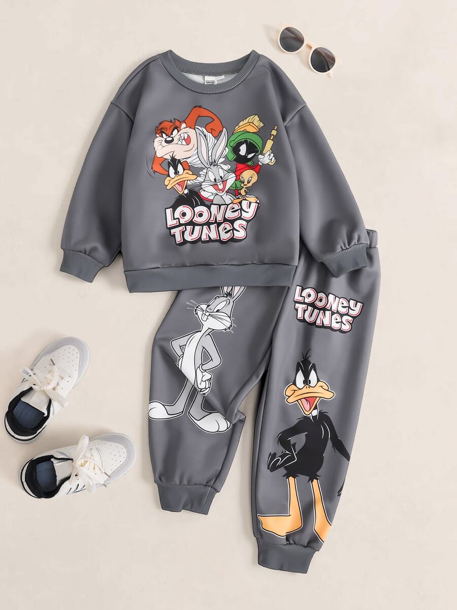 LOONEY TUNES X SHEIN Young Boy Cartoon Pattern Crew Neck Long Sleeve Sweatshirt And Sweatpants Set - Dark Grey - View 1