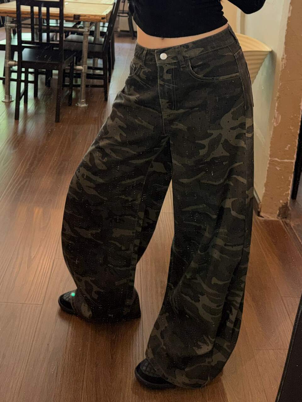 Women's Black Rhinestone Camouflage Loose Straight Leg Street Casual Jeans