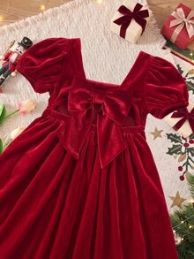 SHEIN 女嬰純色蝴蝶結裝飾休閒日常夏季洋裝 - 紅色 - 查看 2