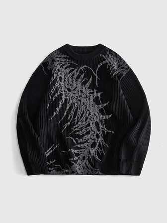 Suéter de punto con cuello redondo, hombros caídos y gráfico gótico desgastado para hombre, suéter holgado de estilo urbano