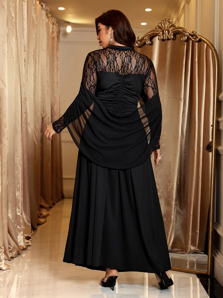 SHEIN Clasi Plus Size French Lace Pleated Dress For Evening Party - Black - View 3