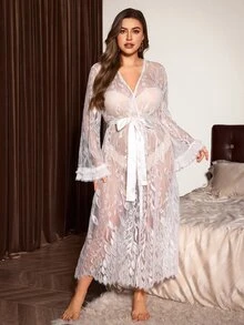 Slumberist Plus Size Women's Lace Robe, Long Sheer Mesh Tie-Front Cardigan, Long Sleeve Lace Morning Robe, Home & Outerwear Cardigan - White - View 6