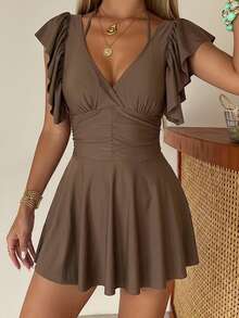 Livesso Women's Korean Style Ruffle Cuff Pleated Swim Dress Vacation - Brown - View 6