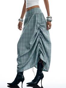 LYSMO Women's Fashion Plaid Drawstring Pleated Midi Skirt - Grey - View 3
