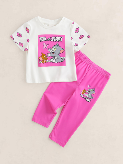 TOM & JERRY X SHEIN Ensemble de vêtements de détente pour bébé fille avec imprimé de dessin animé, col rond et pantalon long