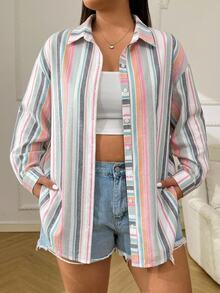 SHEIN EZwear 大尺碼女款條紋拼接休閒日常穿著襯衫 - 彩色 - 查看 3