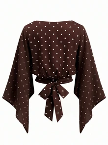 SHEIN Clasi Women's Polka Dot Bell Sleeve Top And Skirt Fashion Set - Mocha Brown - View 5
