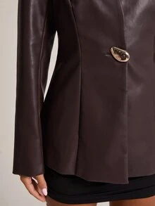 SHEIN BAE Women's Solid Color PU Leather Fashion Versatile Commute & Travel Blazer - Brown - View 7