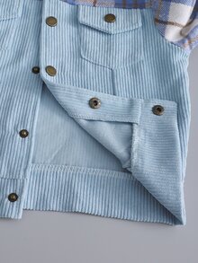 SHEIN 男童夾克外套，毛絨領格紋拼接純色燈芯絨長袖夾克，適合秋季度假、上學、日常外出等場合 - 藍色 - 查看 6