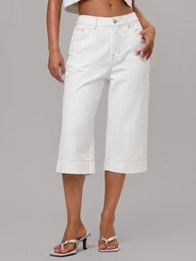 MUSERA 中腰中色水洗牛仔七分褲 夏季度假休閒日常街頭風 - 白色 - 查看 3