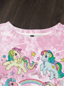 My Little Pony X SHEIN بلوزة رياضية كاجوال يومية بطبعة كرتونية وياقة دائرية للنساء مقاسات كبيرة - أبيض - مشاهدة 3