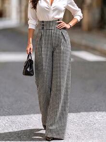 SHEIN LUNE Fall Clothes FOR WomenWomen's Fashion Commute Houndstooth High Waist Long Pants - Multicolor - View 4