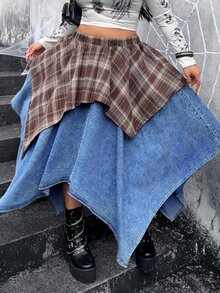 Jeanoix Plus Size Plaid Patchwork Asymmetric Hem Denim Skirt - Multicolor - View 4