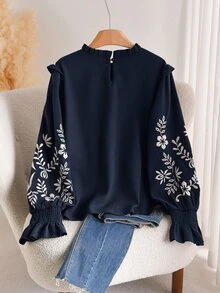 CosyJoli 大尺碼女款花卉刺繡圖案休閒日常穿著襯衫 - 藏蓝色 - 查看 2