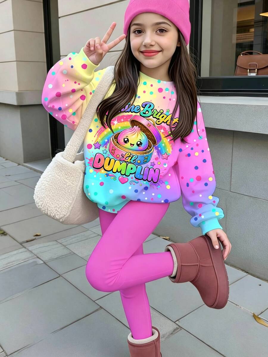 女童秋冬優雅休閒時尚彩色波點亮面小兔印花圓領衛衣與內搭褲兩件套 - 彩色 - 查看 1